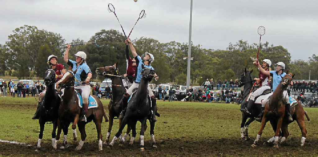LINE UP: Queensland trio (in maroon) Ryle Waugh, Katie Barr and Ella Waugh in an interstate polocrosse game in Warwick. .